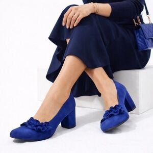 Jon Josef Womens Blue Suede Ruffle Block Heel Pumps 9.5 Retro Parisian Office
